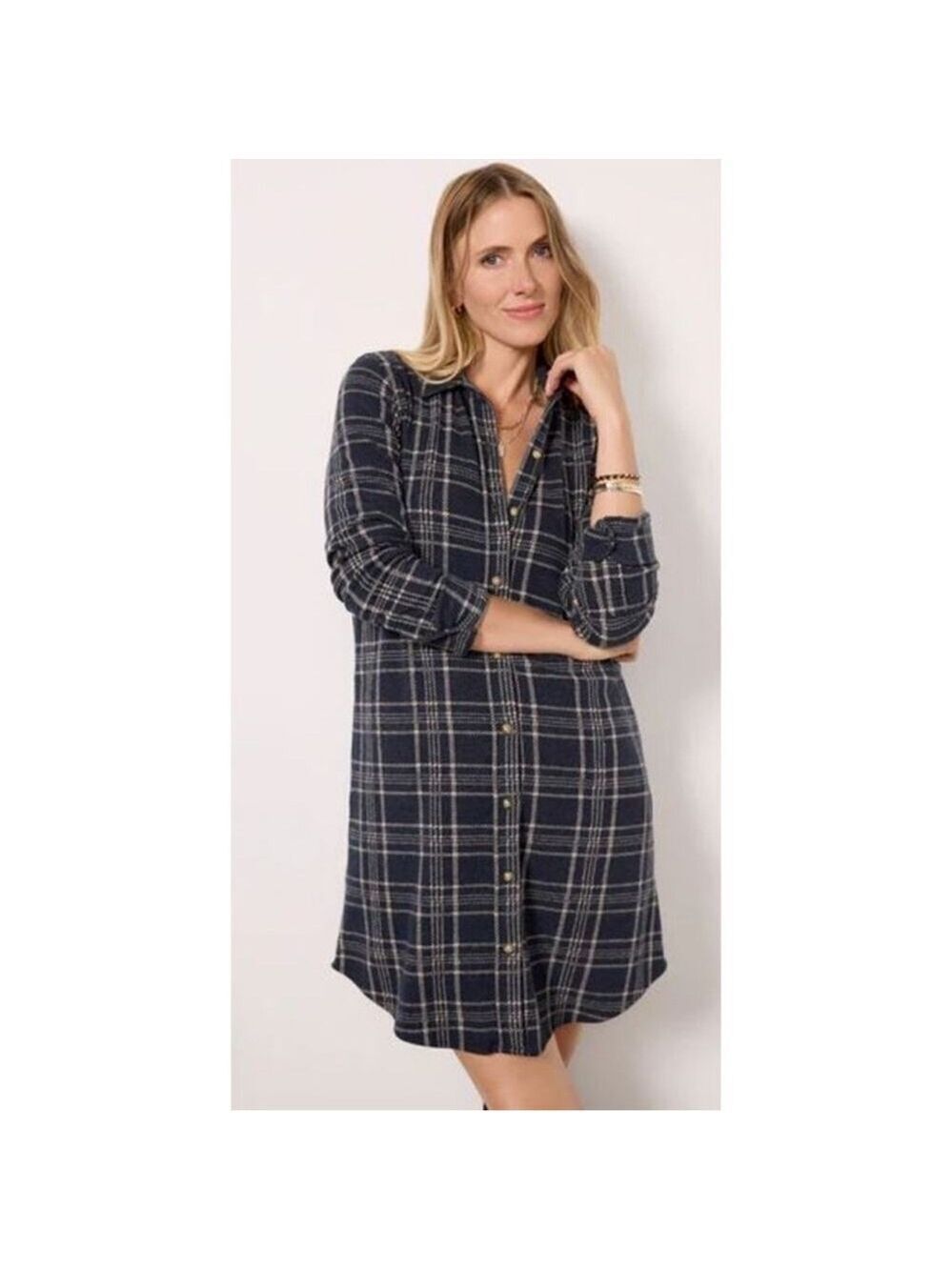 Faherty Legend Button Down Sweater Dress Navy/Tan Dakota Plaid Mini Dress Size S